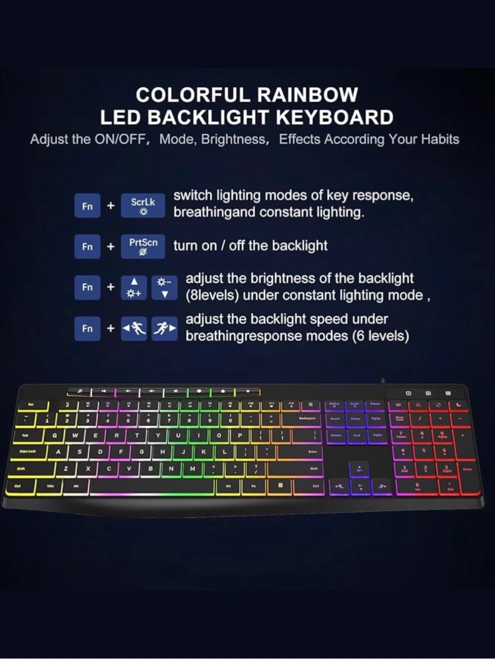Computer Keyboard Wired 7-Color Rainbow LED Backlit - Picture 2 of 7